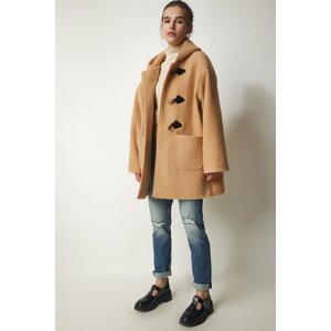 Happiness İstanbul Women's Biscuit Shepherd Button Hooded Boucle Coat