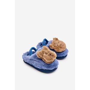 Children's fur slippers with teddy bear, blue Dicera
