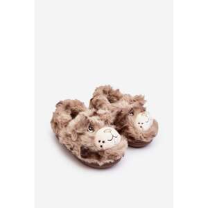 Children's fur slippers with teddy bear, dark beige Apolania