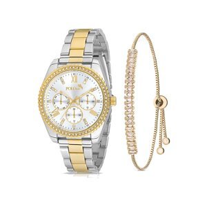 Polo Air Luxury Stone Detailed Women's Wristwatch and Zircon Stone Baguette Bracelet Combination Silver Yellow Color