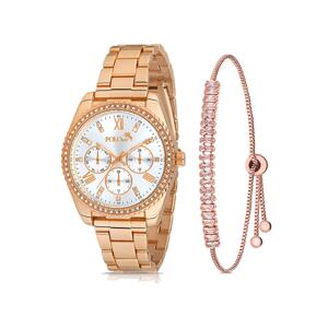 Polo Air Luxury Stone Detailed Women's Wristwatch and Zircon Stone Baguette Bracelet Combination Copper Color