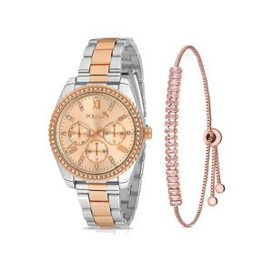 Polo Air Luxury Stone Detailed Women's Wristwatch and Zircon Stone Baguette Bracelet Combination Silver Copper Color