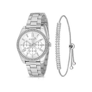 Polo Air Luxury Stone Detailed Women's Wristwatch and Zircon Stone Baguette Bracelet Combination Silver Color