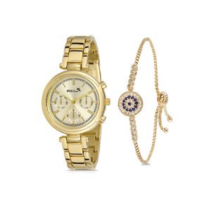 Polo Air Women's Wristwatch and Zircon Stone Evil Eye Bracelet Combination Gold