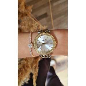 Polo Air Luxury Women's Wristwatch and Single Row Zircon Stone Elegant Waterway Bracelet Combination Yellow Silver Color