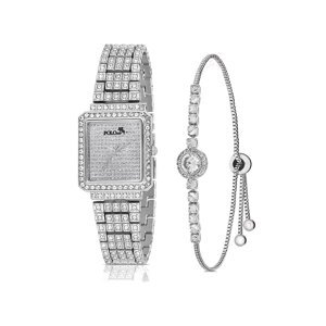 Polo Air Square Vintage Women's Wristwatch with Lots of Stones Zircon Stone Bracelet Combination Silver Color