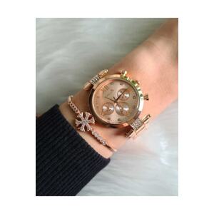 Polo Air Sports Stylish Women's Wristwatch and Zircon Stone Snowflake Bracelet Combination Copper Color