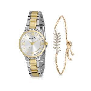 Polo Air Women's Wristwatch and Zircon Stone Leaf Bracelet Combination Yellow Silver Color