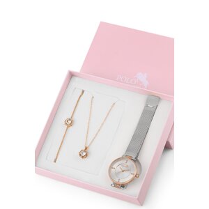 Polo Air Wicker Cord Women's Wristwatch with Zircon Stone Necklace Bracelet Special Combination Set Silver-Copper Color