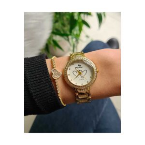 Polo Air Luxury Stone Heart Patterned Women's Wristwatch and Zircon Stone Heart Bracelet Combination Yellow Color