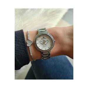 Polo Air Luxury Stone Heart Patterned Women's Wristwatch and Zircon Stone Heart Bracelet Combination Silver Color