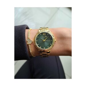 Polo Air Stylish Sports Women's Wristwatch Zircon Stone Heart Bracelet Combination Gold-green Color