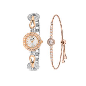 Polo Air Elegant Vintage Women's Wristwatch Zircon Stone Bracelet Combination Silver and Copper Color