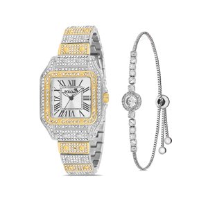 Polo Air Luxury Stone Large Case Roman Numeral Women's Wristwatch Zircon Stone Bracelet Combination Silver-Yellow