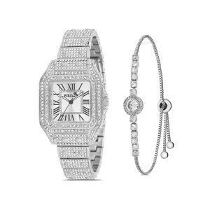 Polo Air Luxury Stone Large Case Roman Numeral Women's Wristwatch Zircon Stone Bracelet Combination Silver Color