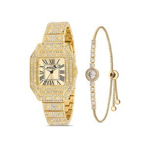 Polo Air Luxury Stone Large Case Roman Numeral Women's Wristwatch Zircon Stone Bracelet Combination Gold Color