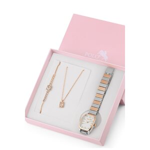 Polo Air Vintage Women's Wristwatch with Zircon Stone Baguette Necklace Bracelet Special Combination Set Silver-Copper Color