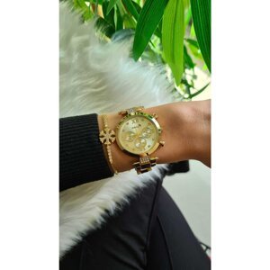 Polo Air Sport Stylish Women's Wristwatch and Zircon Stone Snowflake Bracelet Combination Yellow Color