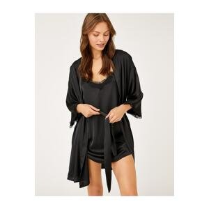 Koton Satin Dressing Gown with Lacy Belted Sleeves