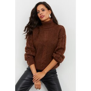 Cool & Sexy Women's Brown Openwork Turtleneck Sweater YV107