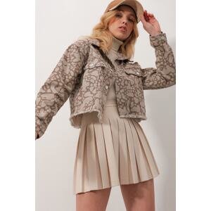 Trend Alaçatı Stili Women's Brown Two-Pocket Snap Off Skirt Tasseled Crop Fit Jean Jacket