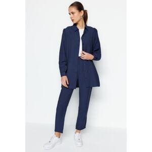 Trendyol Navy Blue Linen Look Shirt-Pants Woven Suit