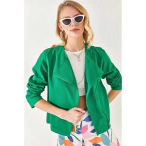 Olalook Women's Grass Green Wrapped Collar Zippered Gabardine Cotton Jacket