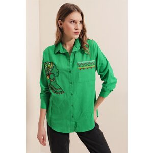 Bigdart 20131 Embroidered Oversize Linen Shirt - Green