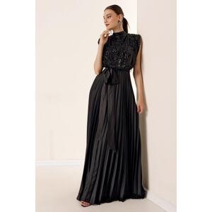 By Saygı Pleatique Lined Chiffon Long Dress Black