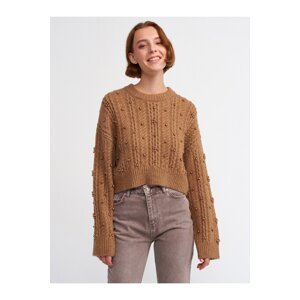 Dilvin 10448 Crew Neck Sweater with Pearls and Camel