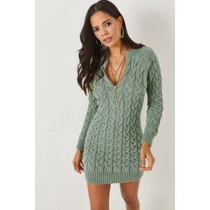 Olalook Aqua Green Sweater Dress with Zipper and Braids