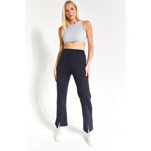 armonika Women's Navy Blue Loose Trousers with Stitching at the Front and Slits at the Legs.