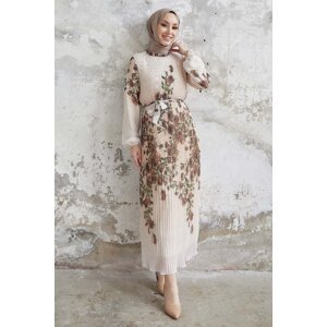 InStyle Rosie Rose Patterned Pleated Chiffon Dress - Brown