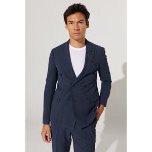 ALTINYILDIZ CLASSICS Men's Navy Blue Slim Fit Slim Fit Swallow Collar Seersucker Patterned Double Breasted Suit