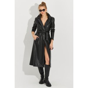 Cool & Sexy Women's Black Lined Faux Leather Trench Coat
