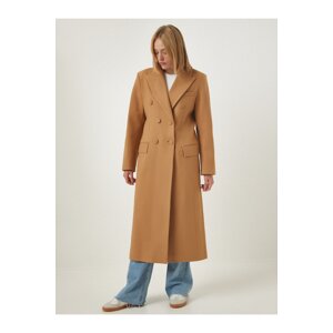 Happiness İstanbul Women's Camel Premium Coated Buttoned Slit Woolen Long Cachet Coat