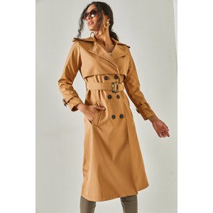 Olalook Women's Camel Belted Pocket Buttoned Trench Coat