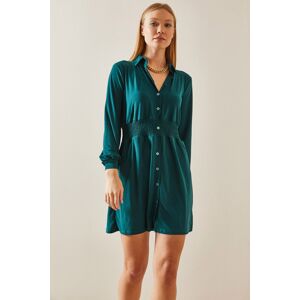 XHAN Emerald Green Polo Neck Elastic Detailed Mini Dress