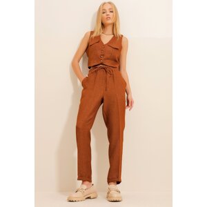 Trend Alaçatı Stili Women's Cinnamon Herringbone Patterned Elastic Waist Double Cuff Trousers