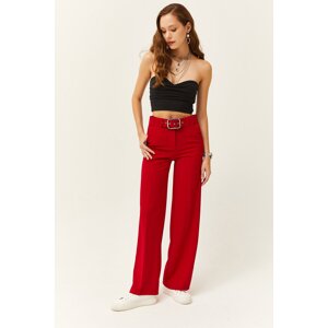 Olalook Women's Red Metal Buckle Belted Scuba Crepe Palazzo Trousers