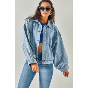 Olalook Women's Blue Buttoned Balloon Sleeve Oversize Denim Jacket