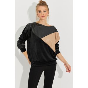 Cool & Sexy Women's Black-Gold Leather Blocked Velvet Sweatshirt