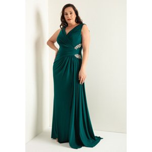 Lafaba Women's Emerald Green Plus Size Long Evening Dress with Stones on the Side