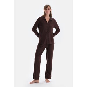 Dagi Dark Brown Satin Leg Detailed Shirt Trousers Pajama Set