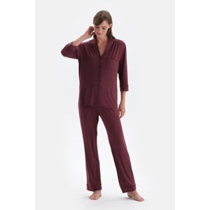 Dagi Burgundy Velvet Stripe Detailed Shirt Trousers Pajama Set