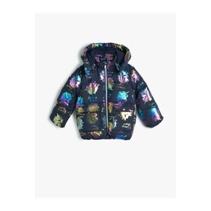 Koton Oversize Puffer Jacket Unicorn Printed Flap Pocket Fleece Lined