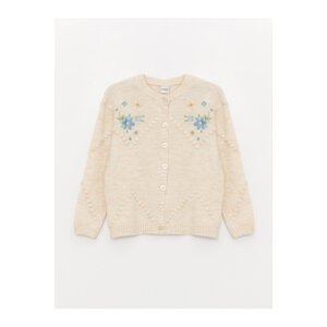 LC Waikiki Crew Neck Embroidered Long Sleeve Girl's Knitwear Cardigan