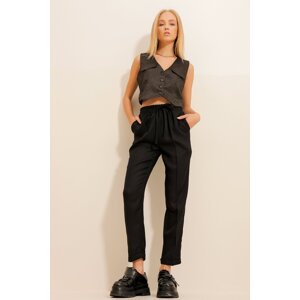 Trend Alaçatı Stili Women's Black Herringbone Patterned Elastic Waist Double Cuff Trousers