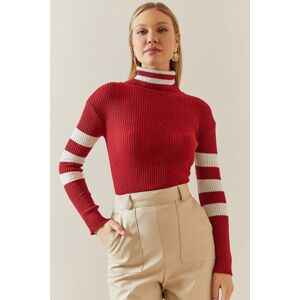 XHAN Claret Red Corded Turtleneck & Striped Sweater