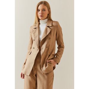 XHAN Camel Double Breasted Collar Buttoned Blazer Jacket